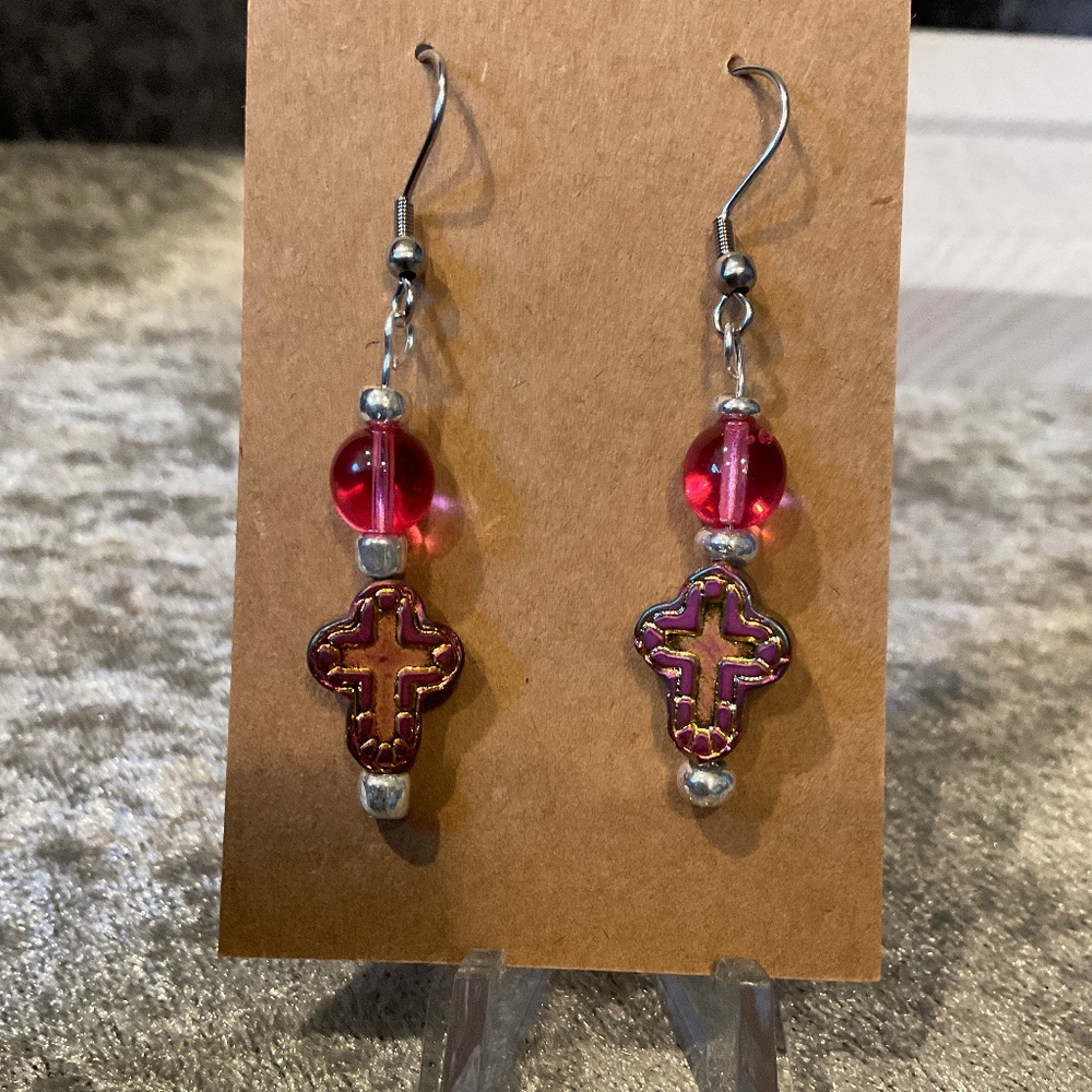 Pink Glass Bead and Cross Dangle Pierced Earrings